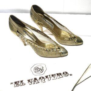 Custom EL VAQUERO Gold Leaf and Mesh Studded Italian Made Heels w/ Dust Bag